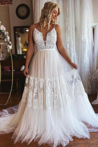 Ivory Boho A-Line Long Tulle Wedding Dress with Lace VK23101707