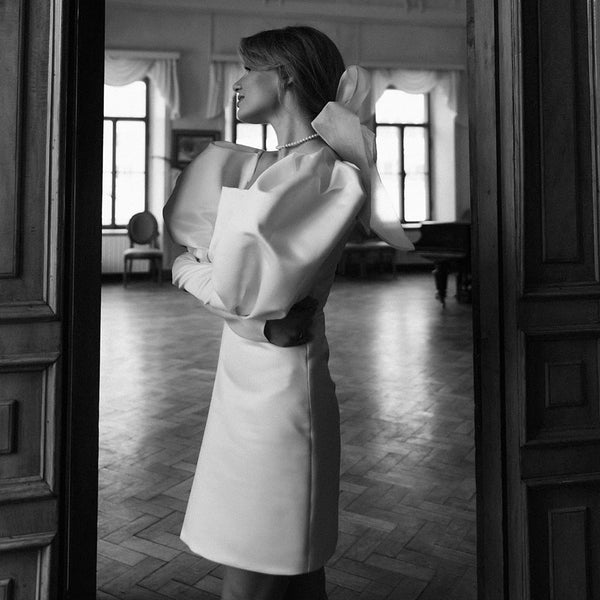 White Satin Short Wedding Dress with Puff Sleeves VK25100201