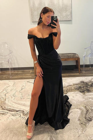 Black Off the Shoulder Satin Mermaid Long Prom Dresses with Slit  VK24021102