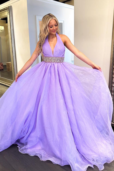 A-Line Halter Lilac Long Prom Dresses with Beadings VK24013003