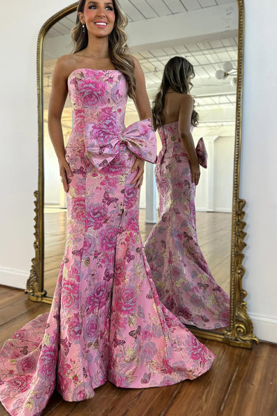 Mermaid Strapless Fuchsia Jacquard Satin Long Prom Dress with Slit VK16020309