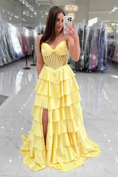 A-Line Strapless Sweetheart Yellow Satin Tiered Long Prom Dresses with Slit VK26012505