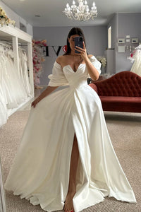 Gorgeous Ball Gown V Neck Satin Long Wedding Dresses with Sleeves