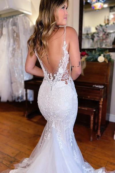 Mermaid Deep V Neck White Lace Wedding Dress with Sweep Train VK23090101