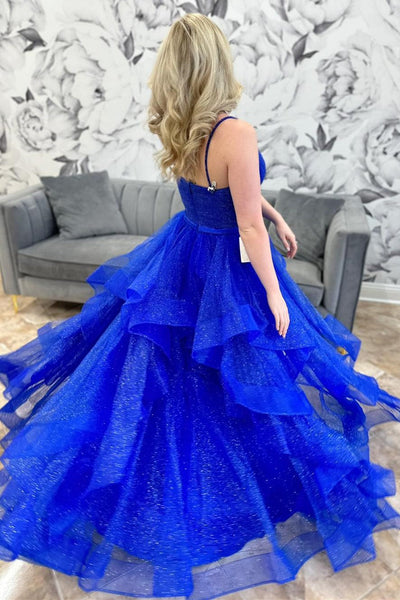 Royal Blue Sparkle Tulle V-Neck Multi-Layer Long Prom Dress VK23112102