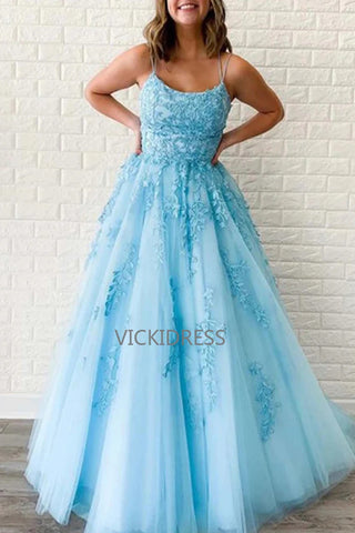 A-Line Scoop Neck Cross Back Sky Blue Tulle Long Prom Dresses with Appliques
