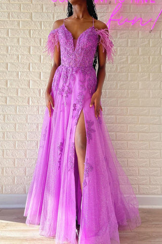 Cute A Line V Neck Pink Tulle Prom Dresses with Appliques VK3010303