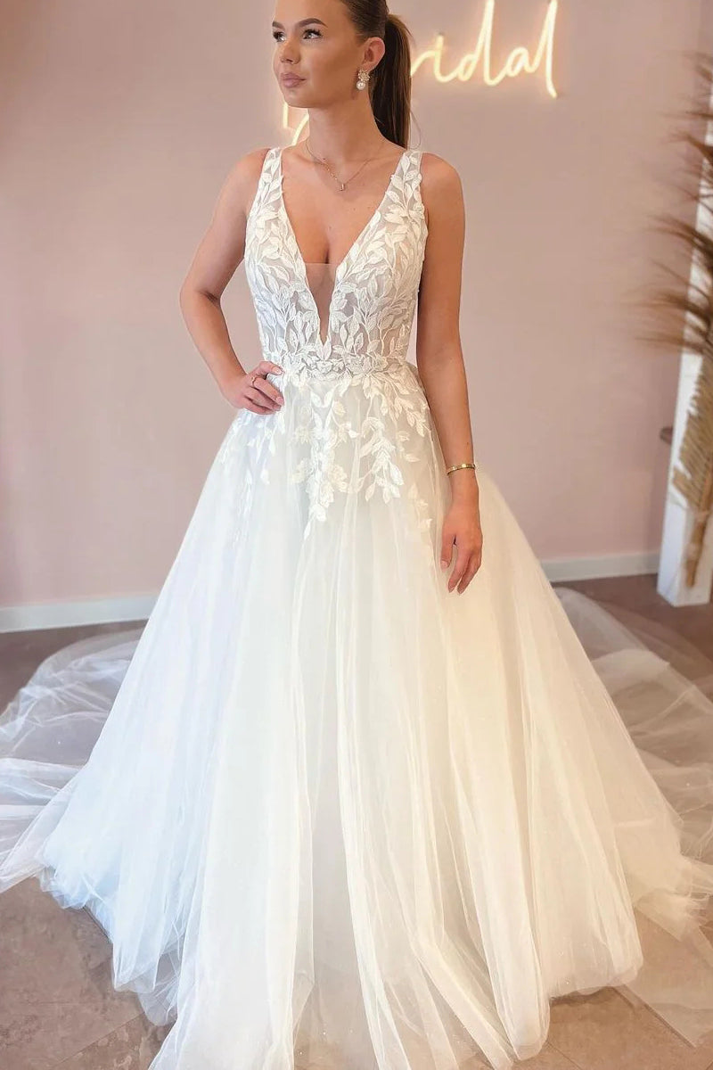 Elegant A Line V Neck Tulle Wedding Dresses with Appliques VK23060906