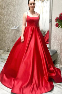 Charming A-Line Scoop Neck Cross Back Red Satin Long Prom Dresses with Train VK0118016
