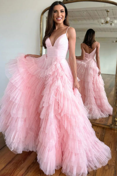 Cute A Line V Neck Sweetheart Pink Tulle Long Prom Dresses VK23022502