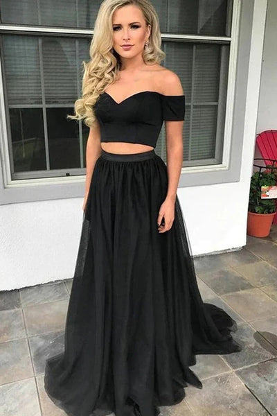 Two Piece Off-the-Shoulder Black Tulle Long Prom Dress Evening Party Dresses VK0306003