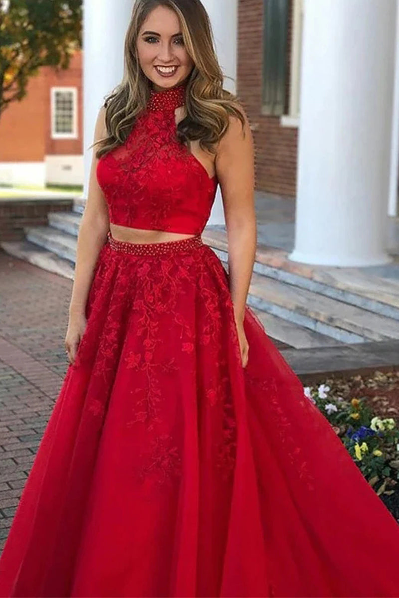 Two Piece Halter Red Prom Dress with Beading VK21027002