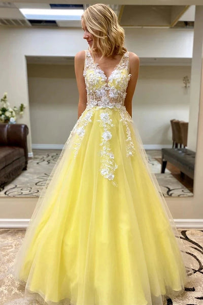 Free Shipping Charming A-Line V Neck Yellow Tulle Long Prom Dresses with White Appliques Evening Dresses VK0119042