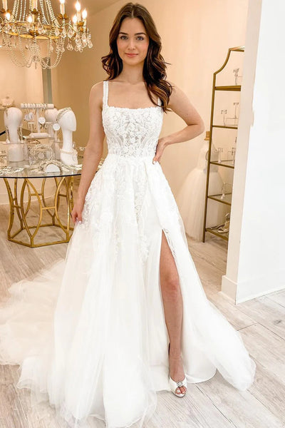 Cute A Line Scoop Neck Tulle Wedding Dresses with Appliques VK23050503