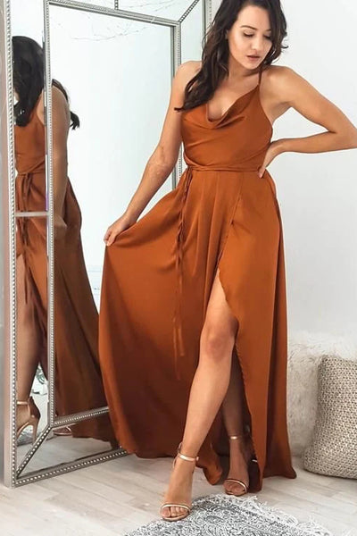 A-Line Spaghetti Straps Slit Side Cowl Neck Long Prom Dresses for Women,Fall Bridesmaid Dresses VK0428001