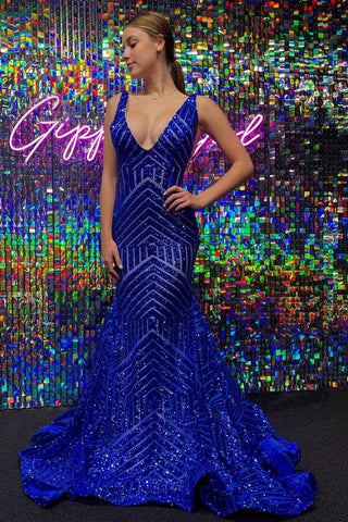 Charming Mermaid V Neck Royal Blue Sequins Prom Dresses VK120610