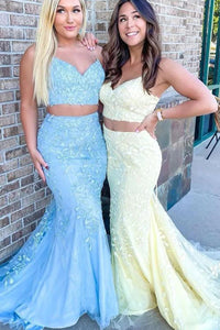 Free Shipping Cute Two Piece V Neck Light Blue Prom Dresses with Appliques VK22022207