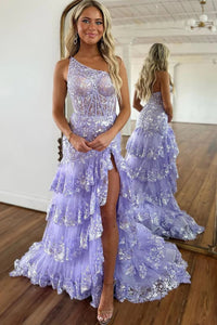 Cute A Line One Shoulder Lavender Tulle Long Prom Dresses with Sparkly Appliques VK23061105