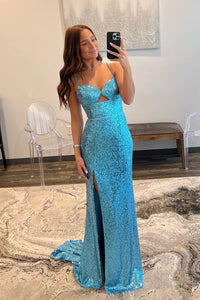 Glitter Mermaid V Neck Blue Sequins Long Prom Dresses with Slit VK23051904