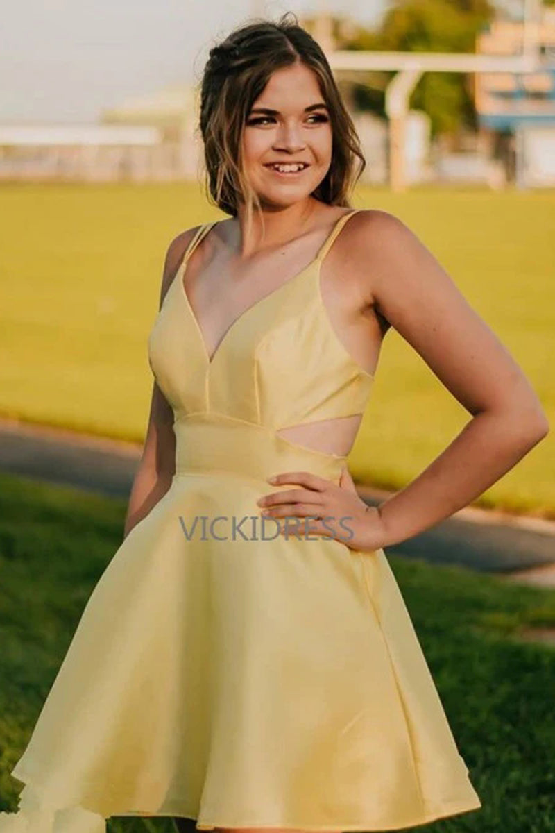 Chic V-Neck Cut Out Yellow Criss-Cross Homecoming Party Dress VK0116005