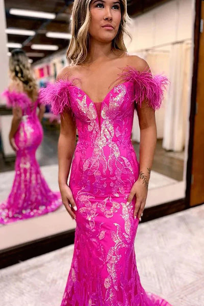 Sparkly Mermaid V Neck Hot Pink Sequins Lace Long Prom Dresses VK23051007