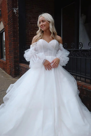 Fairy Ball Gown Sweetheart Tulle Long Wedding Dresses with Ruffled Sleeves VK23052305