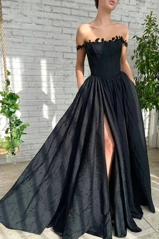 Cute A Line Strapless Black Satin Prom Dresses with Slit VK122005