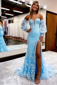 Charming Mermaid Sweetheart ligth Blue Sparkly Lace Long Prom Dresses with Sleeves VK23020403