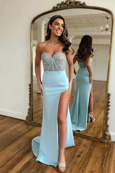 Cute Mermaid Sweetheart Mint Long Prom Dresses with Beading VK23050602