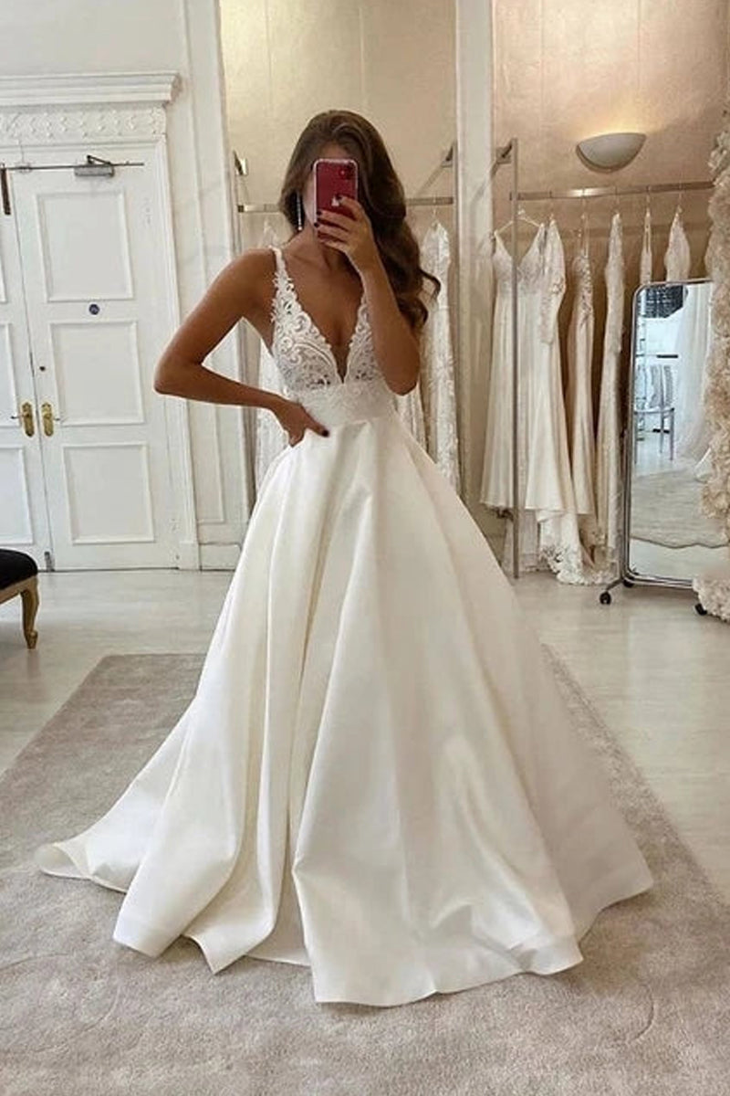 Elegant A-Line V Neck White Satin Wedding Dresses with Lace Top Bridal Gowns VK0119002