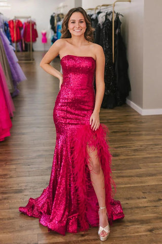 Cute Mermaid Strapless Fuchsia Sequins Prom Dresses with Feather VK122902