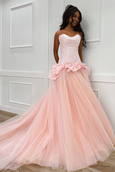 Chamring A-Line Strapless Blush Pink Tulle Long Prom Dresses VKPD009