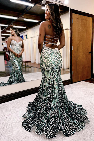 Green Strapless Sequins Mermaid Long Prom Dresses VK24050702
