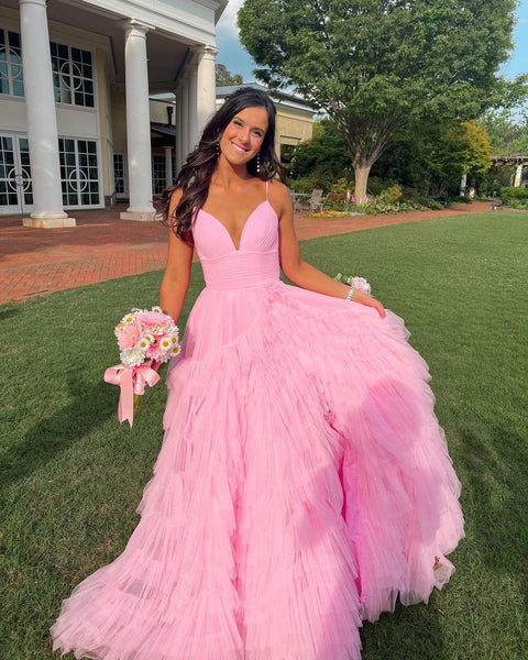 Charming Ball Gown V Neck Pink Tulle Long Prom Dresses VK23050501