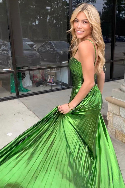Green Satin Halter Cutout Long Prom Dress with Slit VK23122303