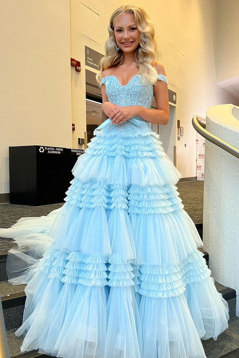 Princess A-Line Off the Shoulder Light Blue Tulle Prom Dresses Quinceanera Dresses VK230720004