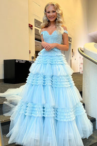 Princess A-Line Off the Shoulder Light Blue Tulle Prom Dresses Quinceanera Dresses VK230720004