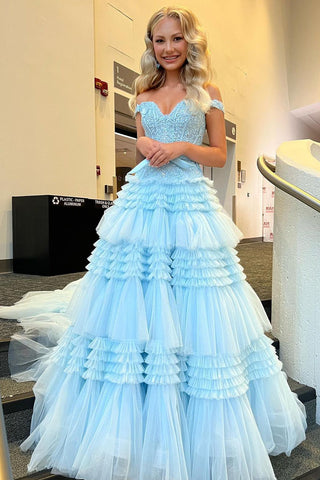 Princess A-Line Off the Shoulder Light Blue Tulle Prom Dresses Quinceanera Dresses VK230720004