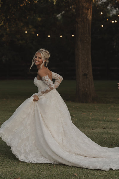 A-Line Strapless White Lace Wedding Dresses with Sleeves VK26102906