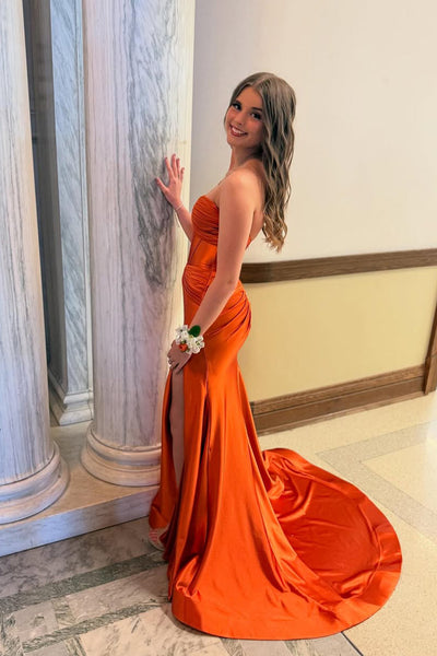 Cute Mermaid Sweetheart Keyhole Orange Satin Prom Gown with Slit VK25052408