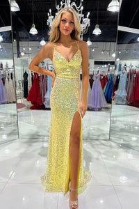 Yellow V Neck Sequins Mermaid Prom Dresses with Slit VK24032002