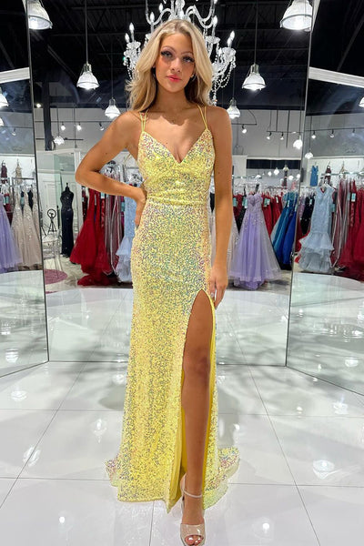 Yellow V Neck Sequins Mermaid Prom Dresses with Slit VK24032002