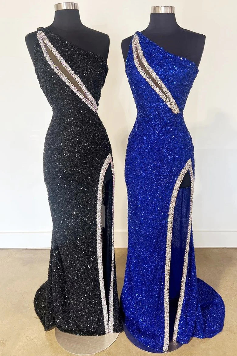 One-Shoulder Sequin Rhinestone Keyhole Long Dress with Slit VK23120802