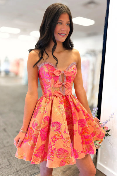 A Line Strapless Coral Jacqaurd Satin Homecoming Dress with Beading VK26072013
