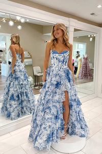 Princess A-Line Strapless Blue Floral Printed Chiffon Long Prom Dresses with Slit VK25031805