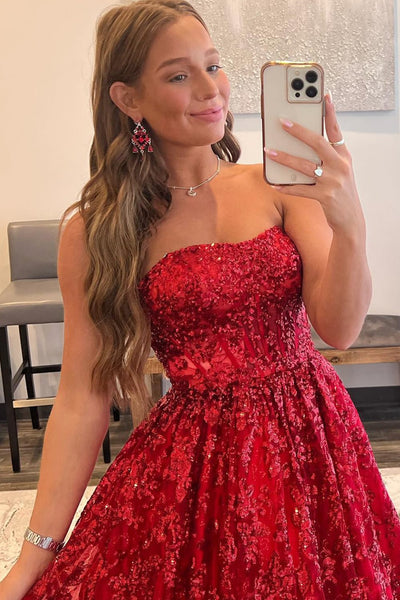 Red A-Line Strapless Sequin Lace Prom Dresses VK23101605