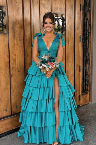 Cute A Line V Neck Peacock Blue Taffeta Tiered Prom Dresses with Slit VK25051203