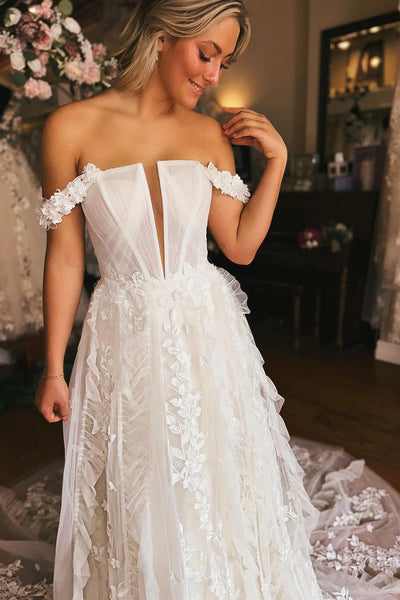 A-Line Off the Shoulder White Tulle Wedding Dresses with Appliques VK23101701