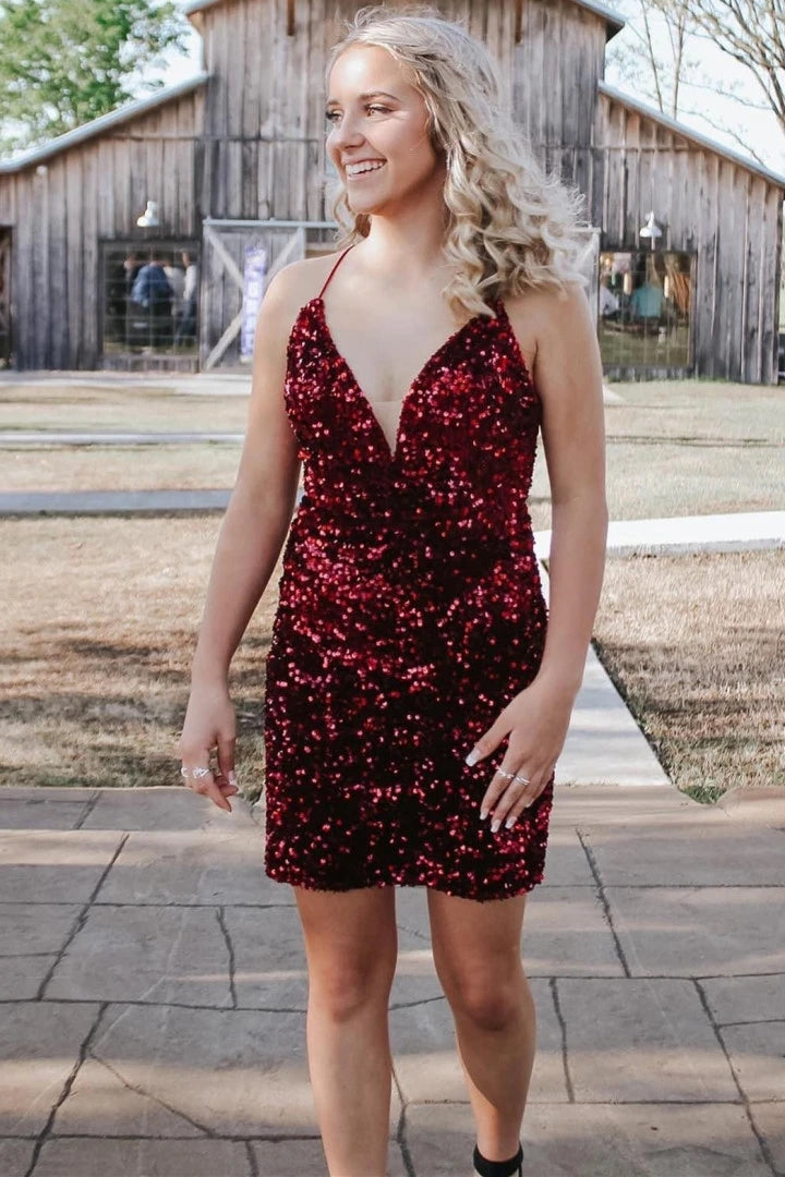 Sparkly Bodycon V Neck Burgundy Sequins Short Homecoming Dress VK23082208