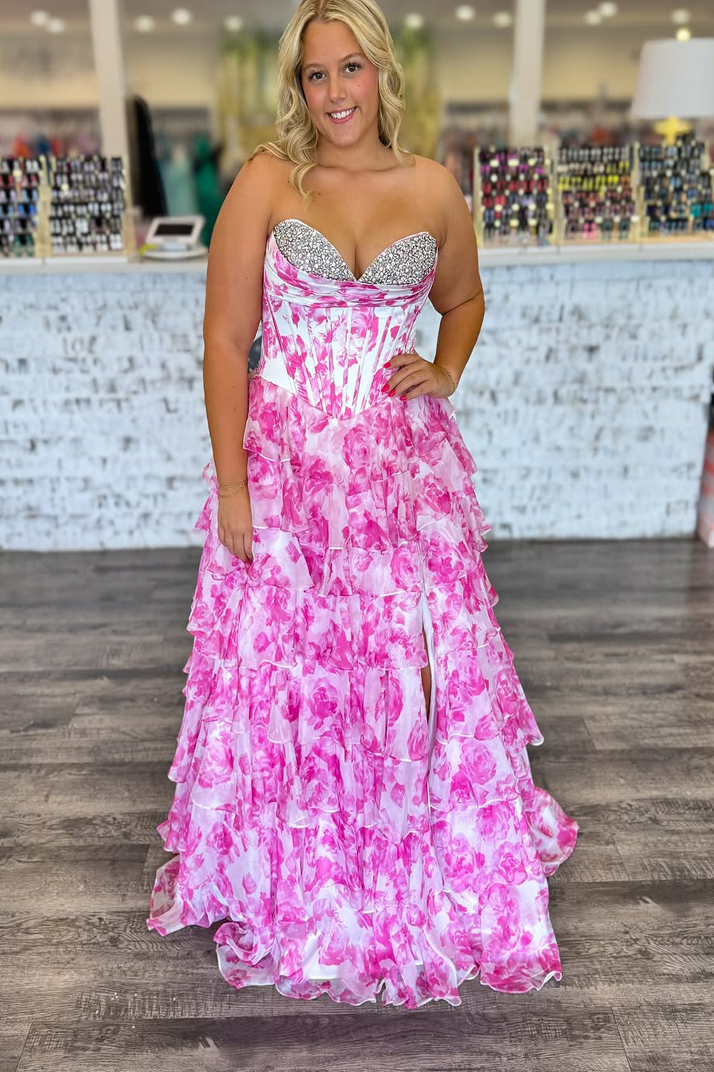 A-Line Strapless Pink Floral Printed Ruffle Tiered Long Prom Dresses with Beadings VK25032306